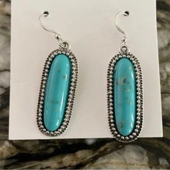 “Turquoise Flecked Ovals” Speckled Gold Flakes Southwestern Dotted Frame Dangles - Picture 9 of 16